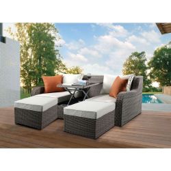 ACME Salena Patio Sectional & 2 Ottomans - Beige Fabric & Gray Wicker - $1,201