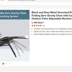 Phi Villa Metal Oversized Padded Folding Zero Gravity Chair with Cup Holder Outdoor Patio Adjustable Recliner