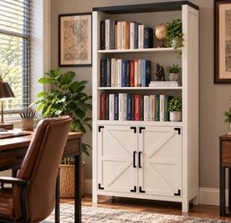 70" High Modern Farmhouse Bookcase and Bookshelf, Pantry Storage Cabinet with 2 Doors and 5 Shelves, White