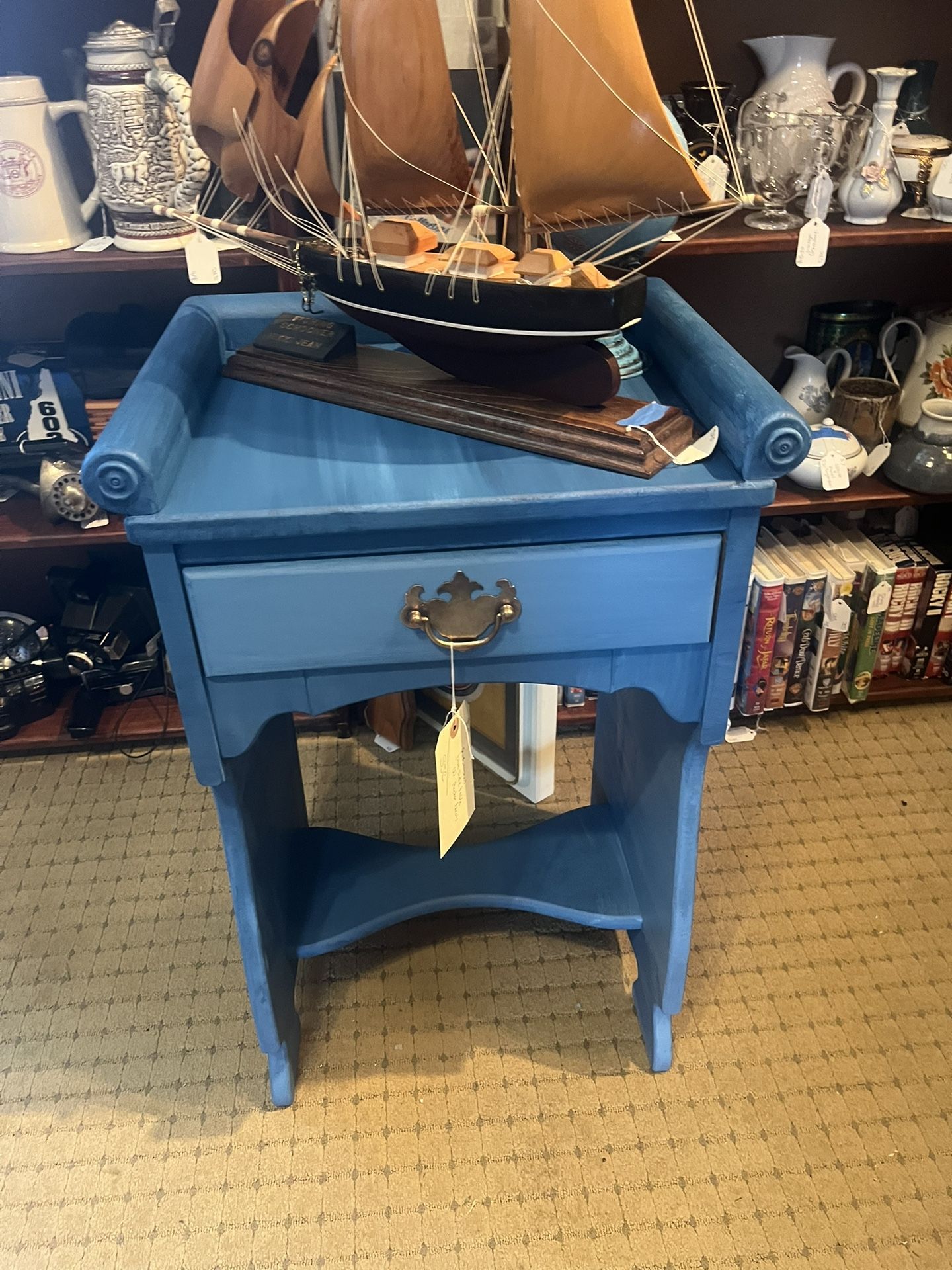 Refurbished Blue End Table With White Anchor Decals