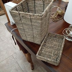 Wicker wastebaskets one with matching tray  8.00 for both