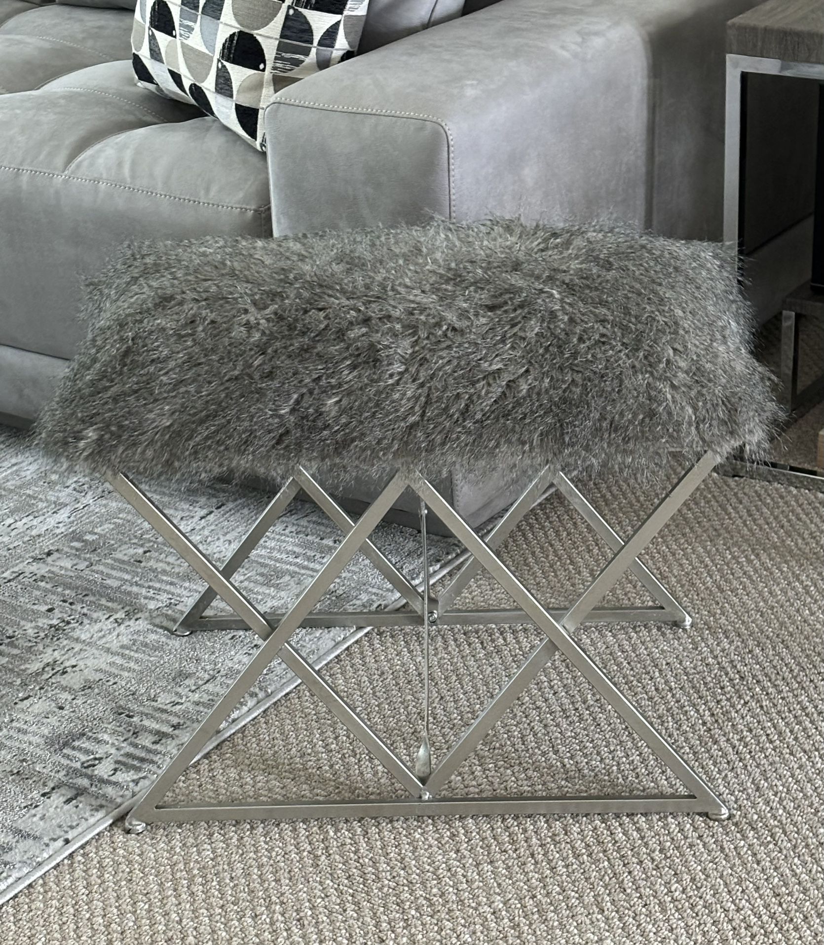 Uttermost Astairess Grey Fur Bench Ottoman With Silver Base