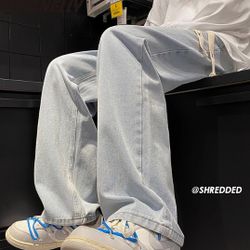Jeans Men's Straight-Fitting Loose Summer Lightweight Trendy Brand Versatile Wide-Fit Boys' Ice Silk Casual Long Pants