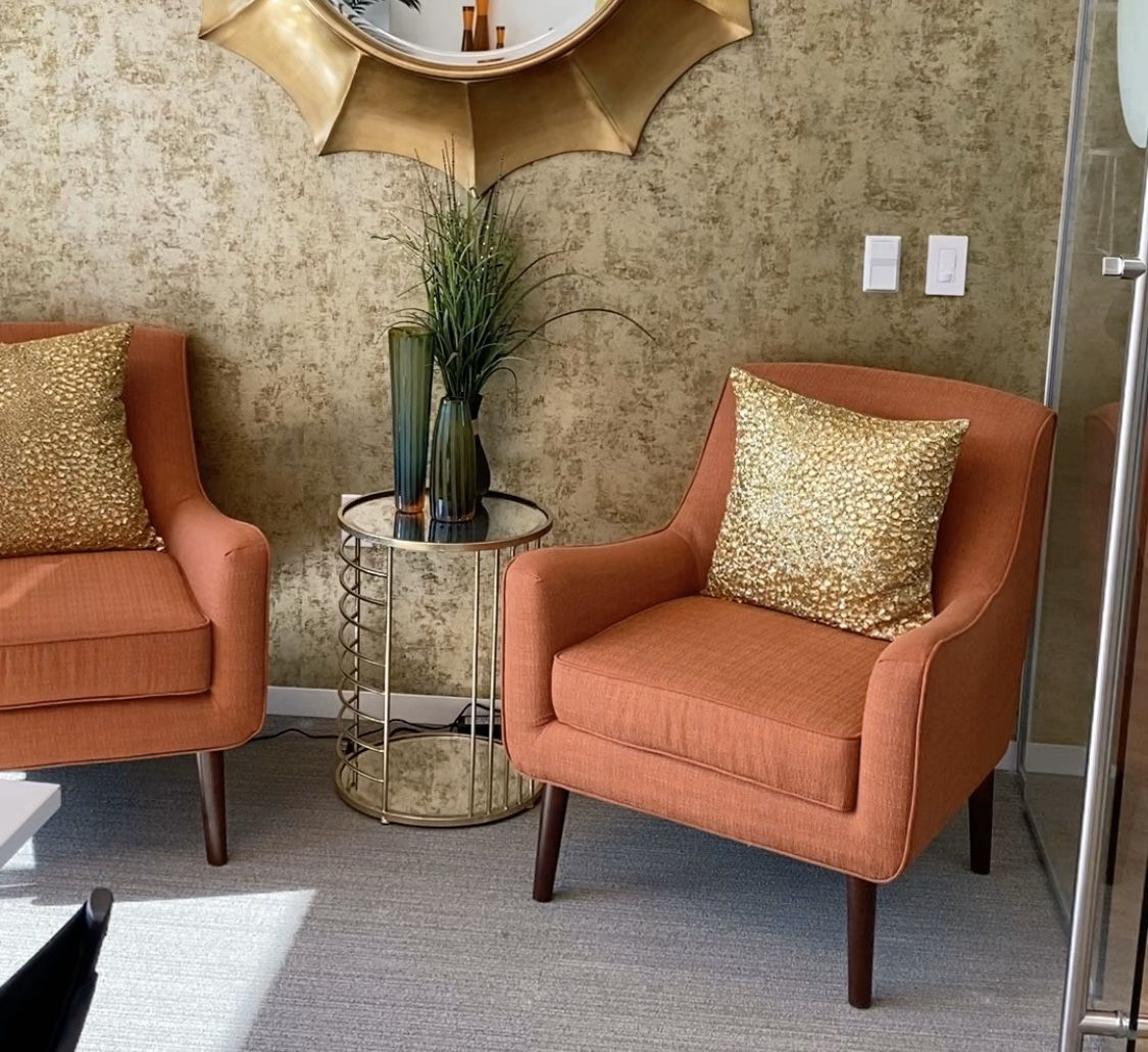 Upholstered Chair set with pillows and end table