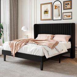 SHA CERLIN Queen Size Velvet Bed Frame with Vertical Channel Tufted Wingback Headboard, Upholstered Platform Bed with Wood Slats, No Box Spring Needed