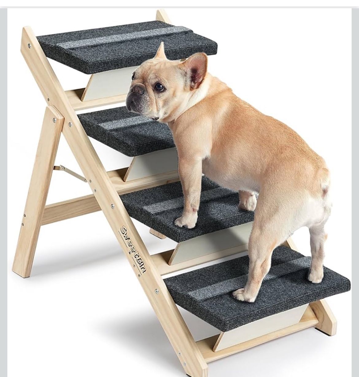 Wood Pet Stairs/Pet Steps for All Dogs and Cats - 2-in-1 Foldable Carpeted 4 Tiers Dog Stairs & Ramp Perfect for Beds and Cars - Portable Dog/Cat Ladd