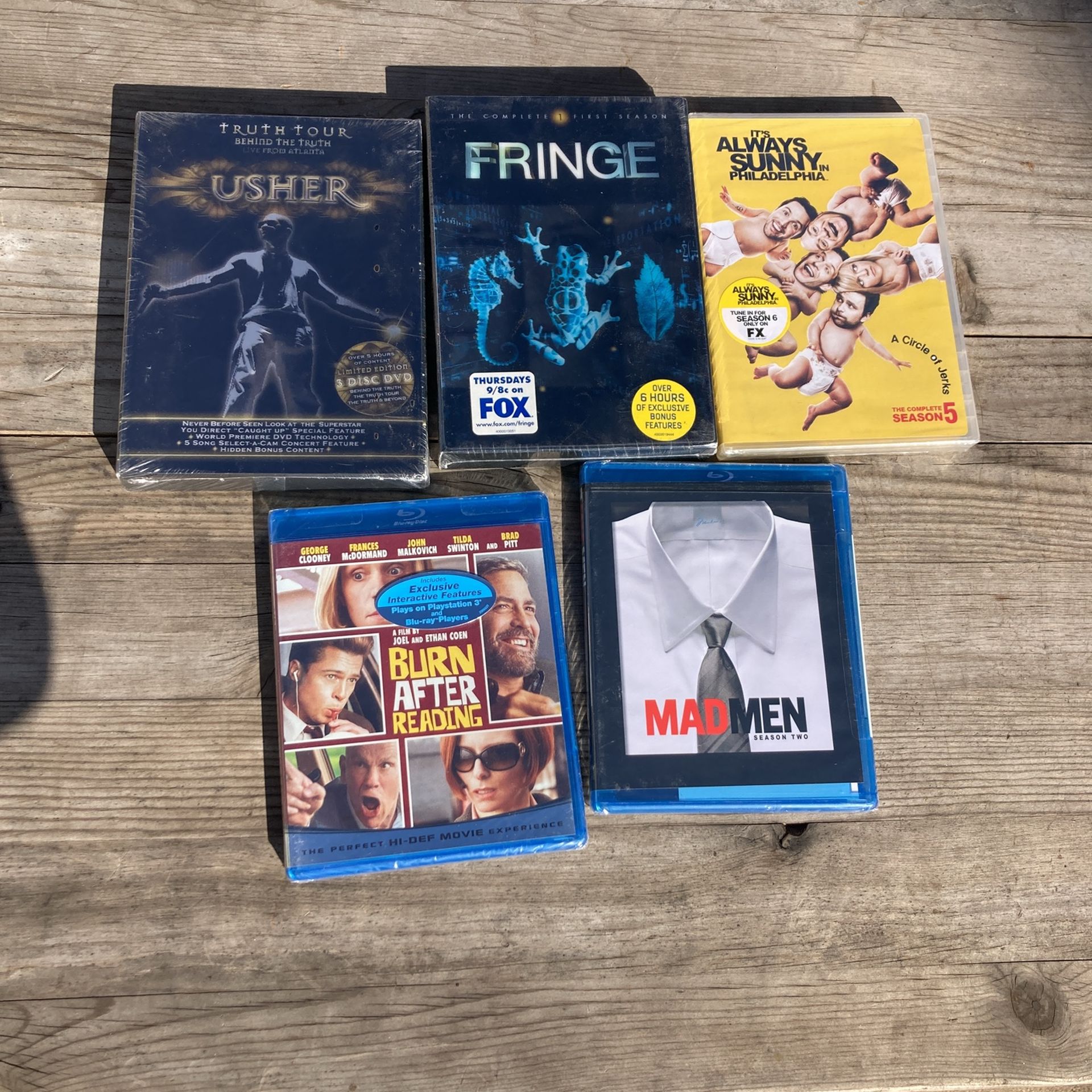 Blu Ray Mad Men Season 2, Burn After Reading DVD It’s Always Sunny in Philadelphia 5, Fringe, Usher Truth Tour
