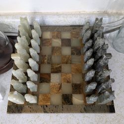 Vintage Artisan Hand-Carved Green Onyx & Marble Chess Set | Large Luxury Stone Board