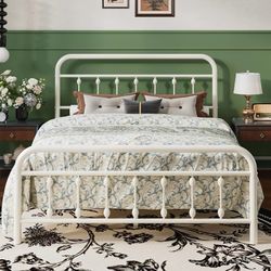 Queen Metal Bed Frame with Victorian Iron-Art Headboard, Cream Victorian Iron-Art Headboard and Footboard, Easy Assembly, Under Bed Storage, No Box Sp