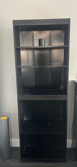 Black wood book case with shelves