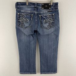MISS ME Y2K Faded Wash Low Rise Crystal Embroidered Cross Cropped Capri Jeans