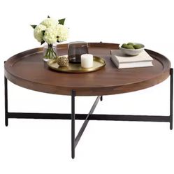 Brookline 42 in. Solid Acacia Wood Round Coffee Table with Black Metal Legs, Rustic Industrial Living Room Furniture