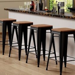 24" Matte Black bar Stool wooden seat (Set Of 4) 