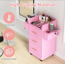 Salon Station for Hair Stylist, Salon Station Cart with Wheels
Hair Stylist Beauty Barber Station, 6 Hair Dryer Holders & 3 Drawers, Pink and Gold
