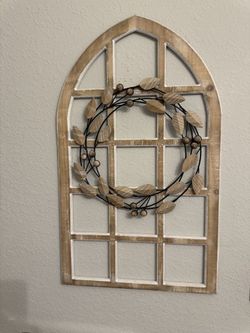 Rustic Arched Wood Window-Frame Wall Decor with Wreath