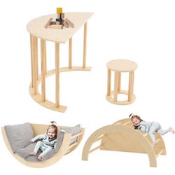 Kids Arch Table Stool with Cushion, 4 in 1 Wooden Climber Montessori Climbing Arch for Kids, Kids Sensory Table, Rocker Board, Indoor Gym Learning Pla