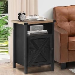 Black Farmhouse Nightstand, Side Table, End Table with Barn Door and Shelf, Rustic Modern Bed Night Stand for Bedroom, Living Room  Dimensio