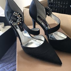 Black Satin Heels With Rhinestones