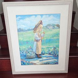 Framed & Signed Original Acrylic Painting Little Girl Picking Flowers Prairie Countryside Peaceful