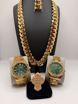 Miami Cuban Link Gold Chain Bracelet | Jesus Cross Baugette Ring | Luxury Watch Set