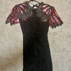 Vintage 1980s Laurence Kazar Flaming Phoenix Sequin Beaded Mini Dress