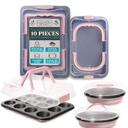 Country Kitchen Baking Pans Set - 10 Piece Non-Stick Cake Pans with Carry Lids for Easy Storage & Travel, Perfect for Parties - Stackable, Pink