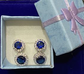 18K White Gold Gp Cubic Zirconia Round Blue Sapphire Necklace