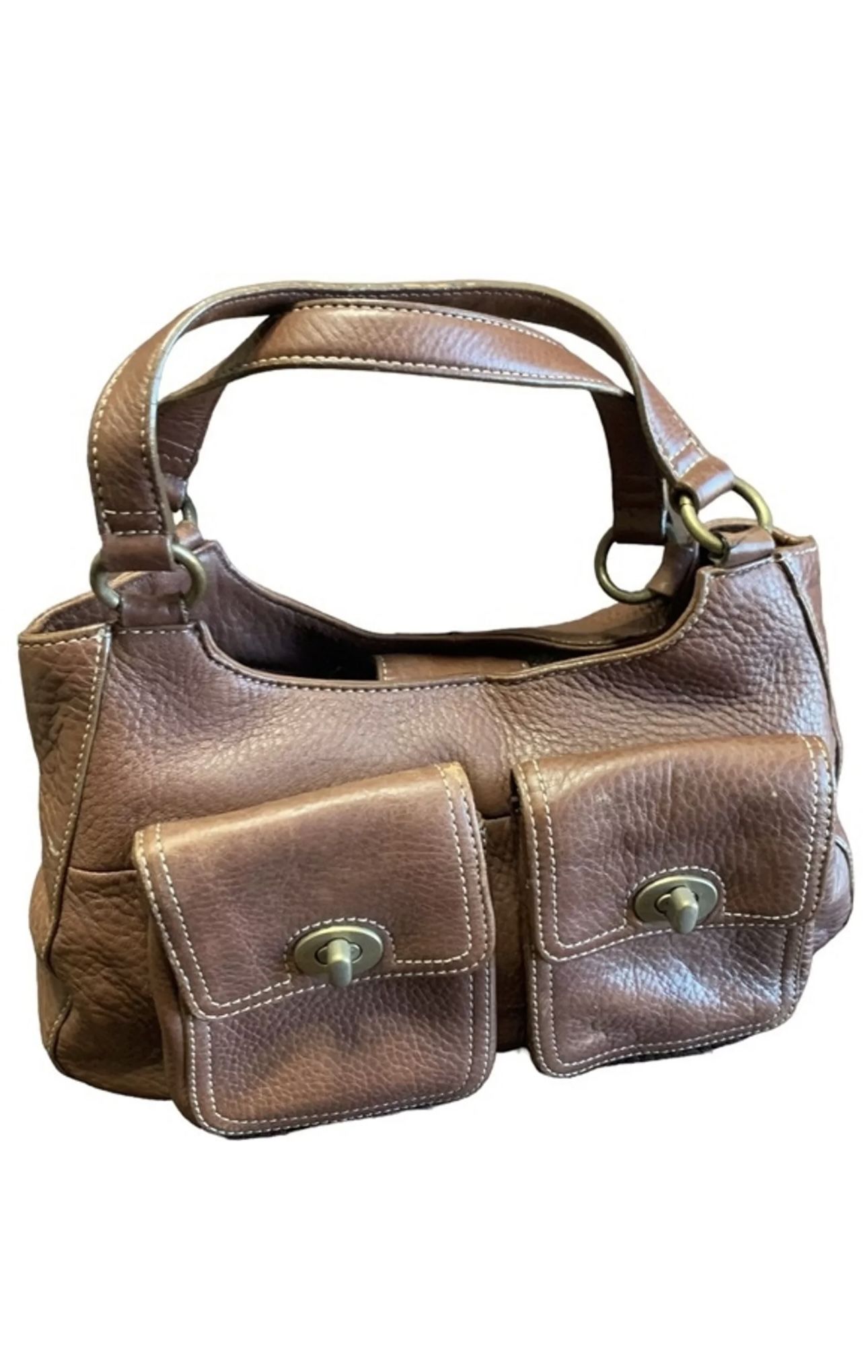 Fossil Vintage Y2K Brown Pebbled Leather Hobo Front Pockets Magnetic Closure