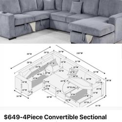 $649-4Piece Convertible Sectional  Sleeper Sofa ,Chaise Storage ,Sofa Storage & USB Ports 98” x 103” x 61” x36”H