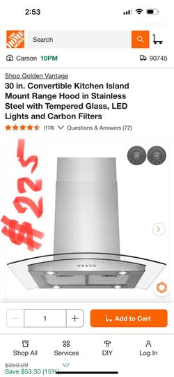 Shop Golden Vantage 30 in. Convertible Kitchen Island Mount Range Hood in Stainless Steel with Tempered Glass, LED Lights and Carbon Filters