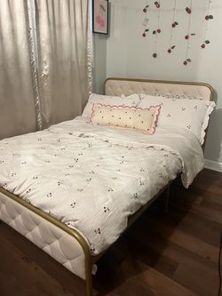 Gold Metal Bed Frame with Upholstered Headboard