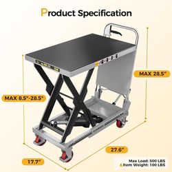 Hydraulic Lift Table Cart, 500 lb Foldable Scissor Lift, Gray Lift Cart With 28.5" Lifting Height, Non-Slip Pad, PU Brake Wheels, Foldable Handle & Fo