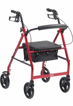 Drive Medical Aluminum Rollator Fold Up and Removable Back Support, Padded Seat with 7.5-Inch Casters, Red
