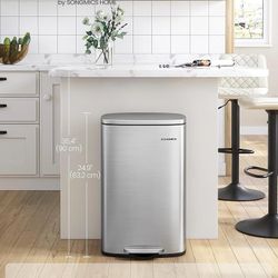 13 Gallon (50 L) Trash Can, Stainless Steel Kitchen Garbage Can, Recycling or Waste Bin, Soft Close, Step-On Pedal, Removable Inner Bucket, 