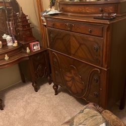 Antique bedroom set $2500 headboard footboard size rails tall dresser and make up dresser