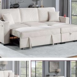 $369.     2-PCConvertible Sectional  Sleeper Sofa W/ Cupholder Sofa Storage & USB Ports  89”x 59”X36”H