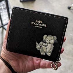 Coach Happy Dog Black Pebbled Leather Snap Wallet