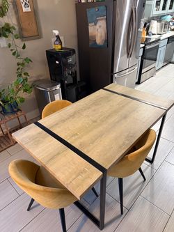 Dining table (4 chairs included), 2 blue small sofas, a bench with storage