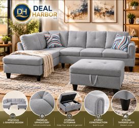 Gray L-Shaped Sectional Sofa with Storage Ottoman