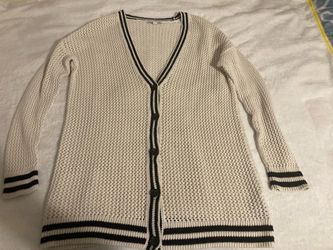 White Knit Cardigan with Black Stripe Trim (American Eagle)