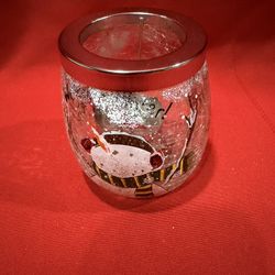 Small CHRISTMAS Winter 3.5” Glass Tea Light Candle Holder~Snowman Welcome Winter