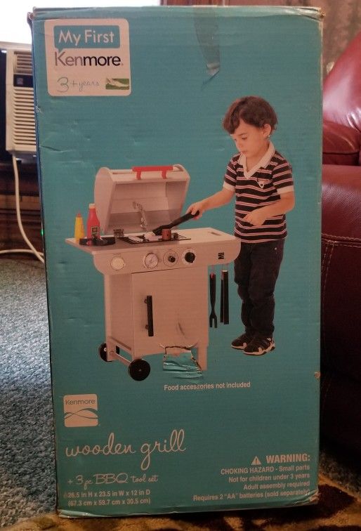 My First Kenmore Wooden Grill plus 3 piece BBQ Tool Set NEW in BOX