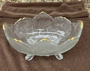 Glass Antique Footed Serving Bowl.  Gold Trim.  8” Long 6” Wide.