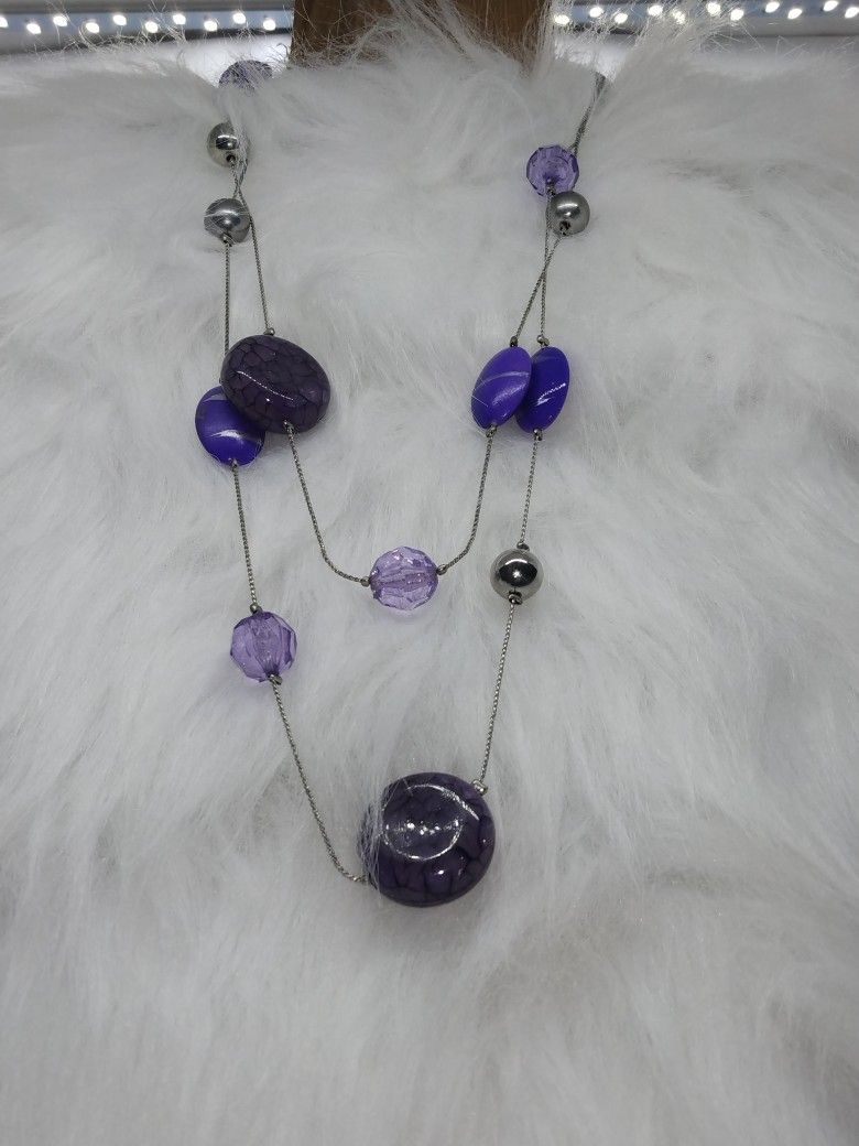 Silvertone And Purple Bead Necklace