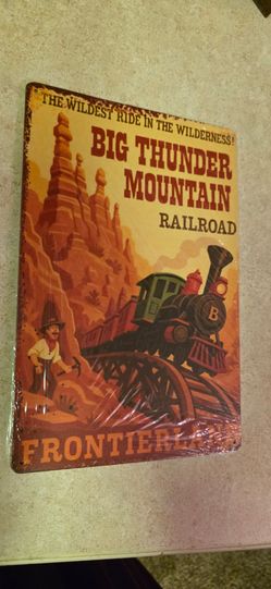 Frontierland Thunder mountain metal sign slightly dented 8x12