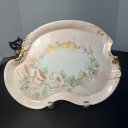 W.G. & Co. Limoges Antique 1910s Hand-Painted Large Asymmetrical Tray Roses & Gold
