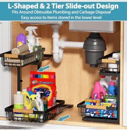 Set of 2 Metal Under Sink Organizer Shelves Storage with Pull Out Basket New Condition Assembled