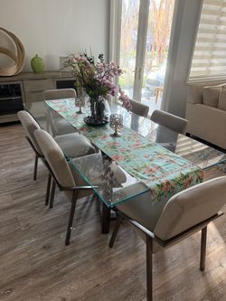 Large Modern Glass Dining Table, Bronze Metal Base