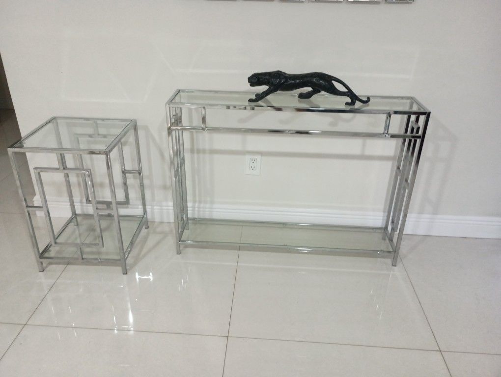 Console And Accent Table Set Chrome And Glass