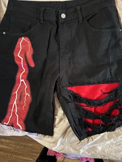 Black Denim Shorts with Red Graphic and Distressing 32waist